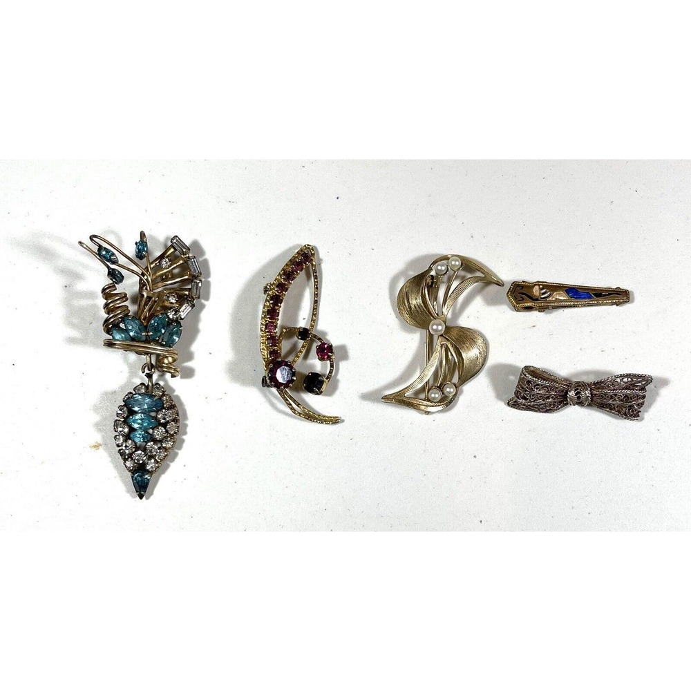 5 Vintage Brooch 12K GF Rhinestones Pearls Sterling Silver Enameled Hair Clip